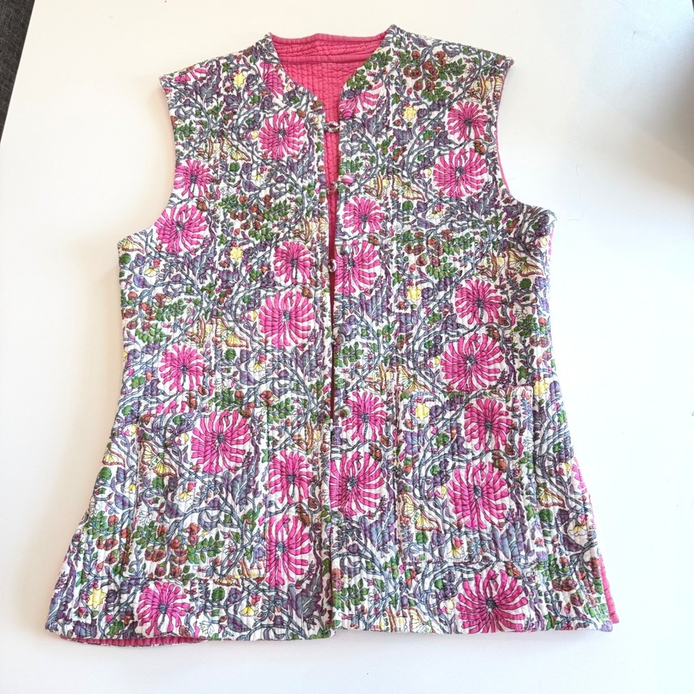 Pink Floral Reversible Quilted‎ Cotton Vest Kantha Style Block Print Boho L